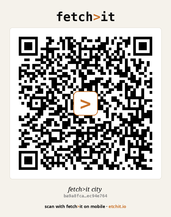 QR code for autonomi://ba9a8fca…ec94e764 — scan to open fetchit-city in fetch>it